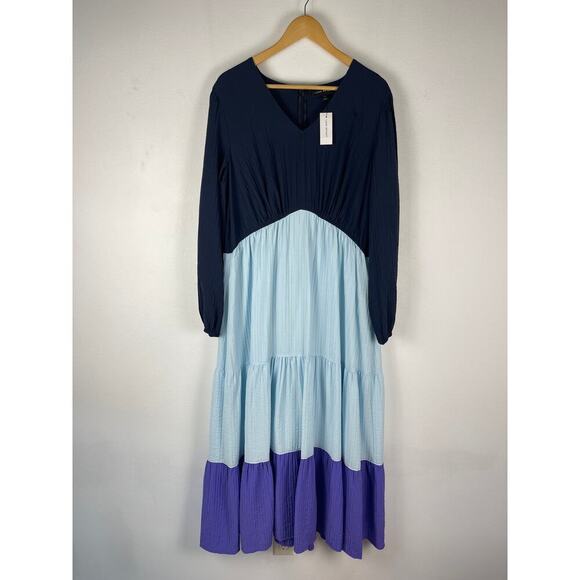 Lane Bryant Night Sky Blue Tiered Crepe Maxi Dress Colorblock Long Sleeve SZ 16 - Picture 4 of 13